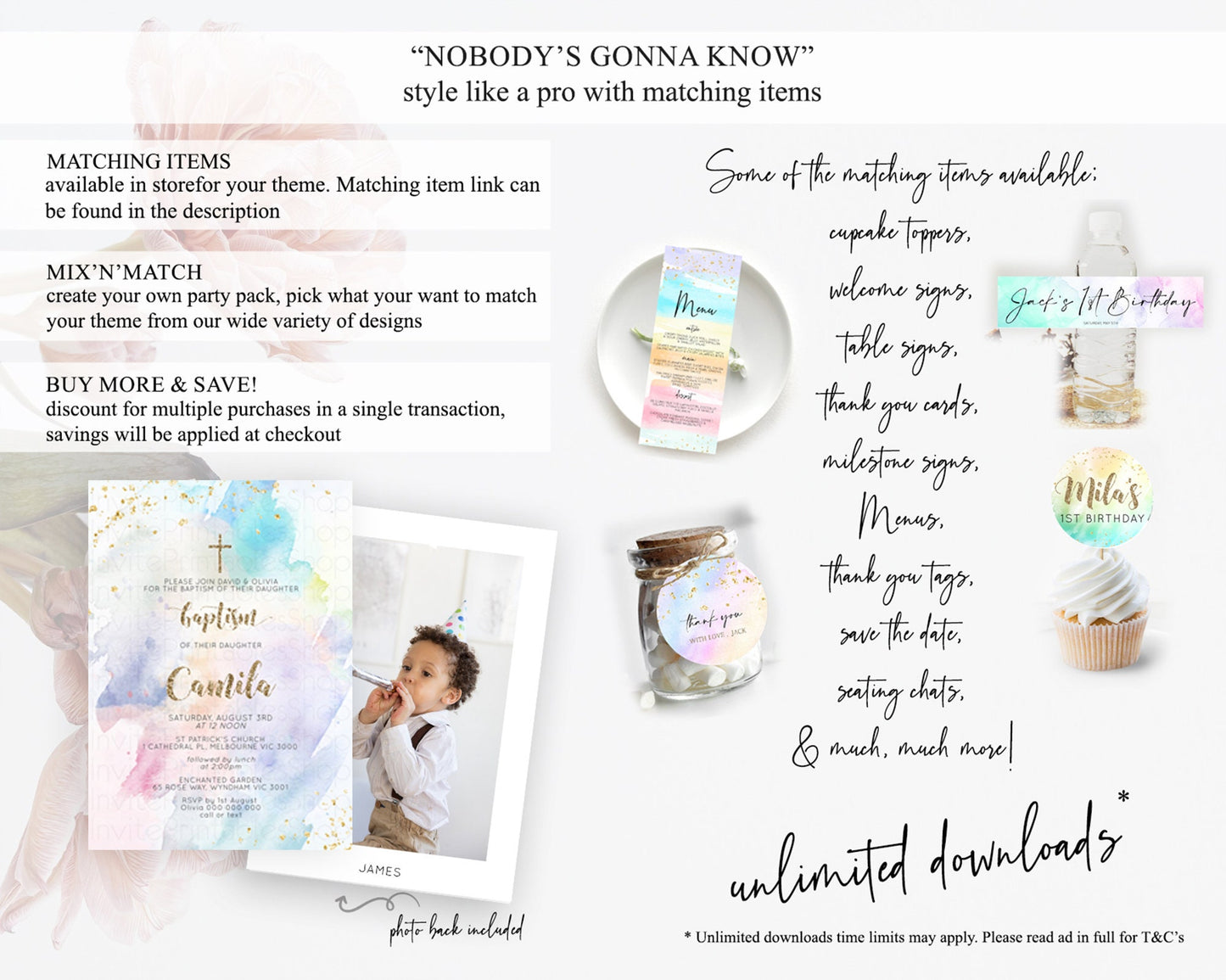 Pastel Baptism Invitation Pastel Colors Watercolor Baptism 1st Birthday Party Gold Ombre Pastel Rainbow Christening Holy Communion D10421