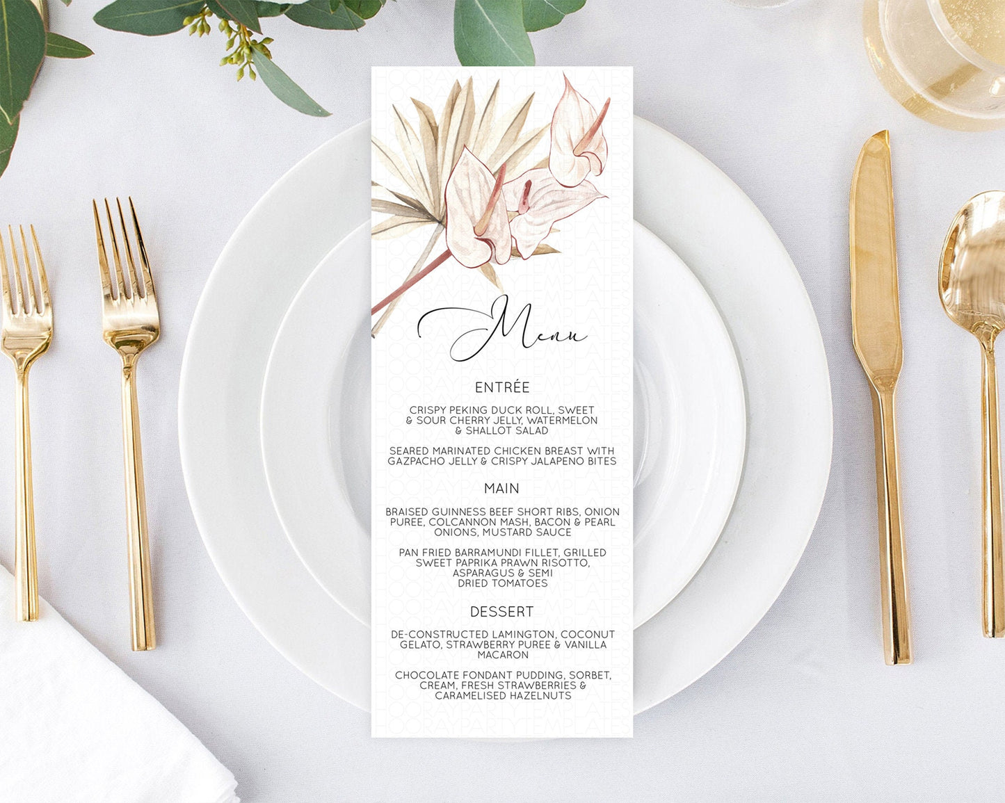 Tropical Menu Template Tropical Menu Palm Leaf Fern Table Decor Frangipani Floral White Orchid Dinner Dessert Menu Party Food Menu D11039