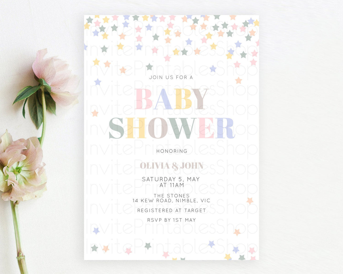 Twinkle Star Baby Shower Invitation, Pastel Rainbow Confetti Stars Twinkle Little Star, Soft Blue, Green, Pink, and Yellow, Sprinkles D10795