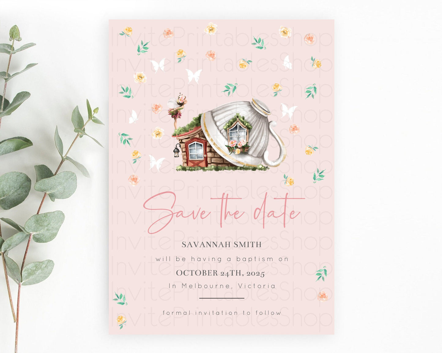 Fairy Save The Date Template Enchanted Garden Pastel Floral Butterfly Party Secret Garden Birthday Baptism Baby Shower Bridal Shower D10384