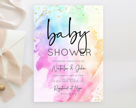 Editable Pastel Rainbow Baby Shower Invitation, Watercolor Splash, Gold Conf