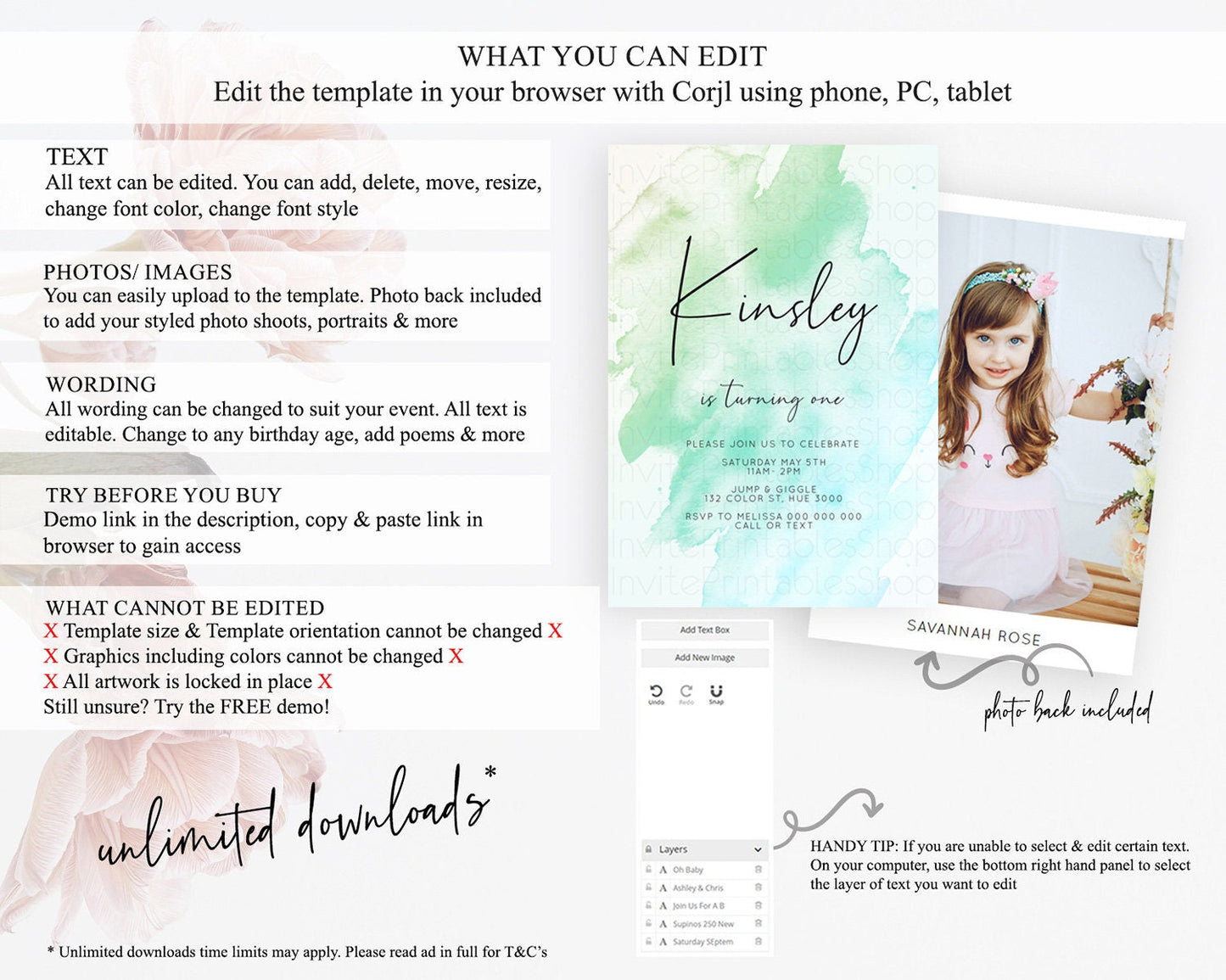 Green Birthday Invitation green Watercolor Invitation Pastel green Watercolor Invitation green Splash Gold Invitation First Birthday D10166