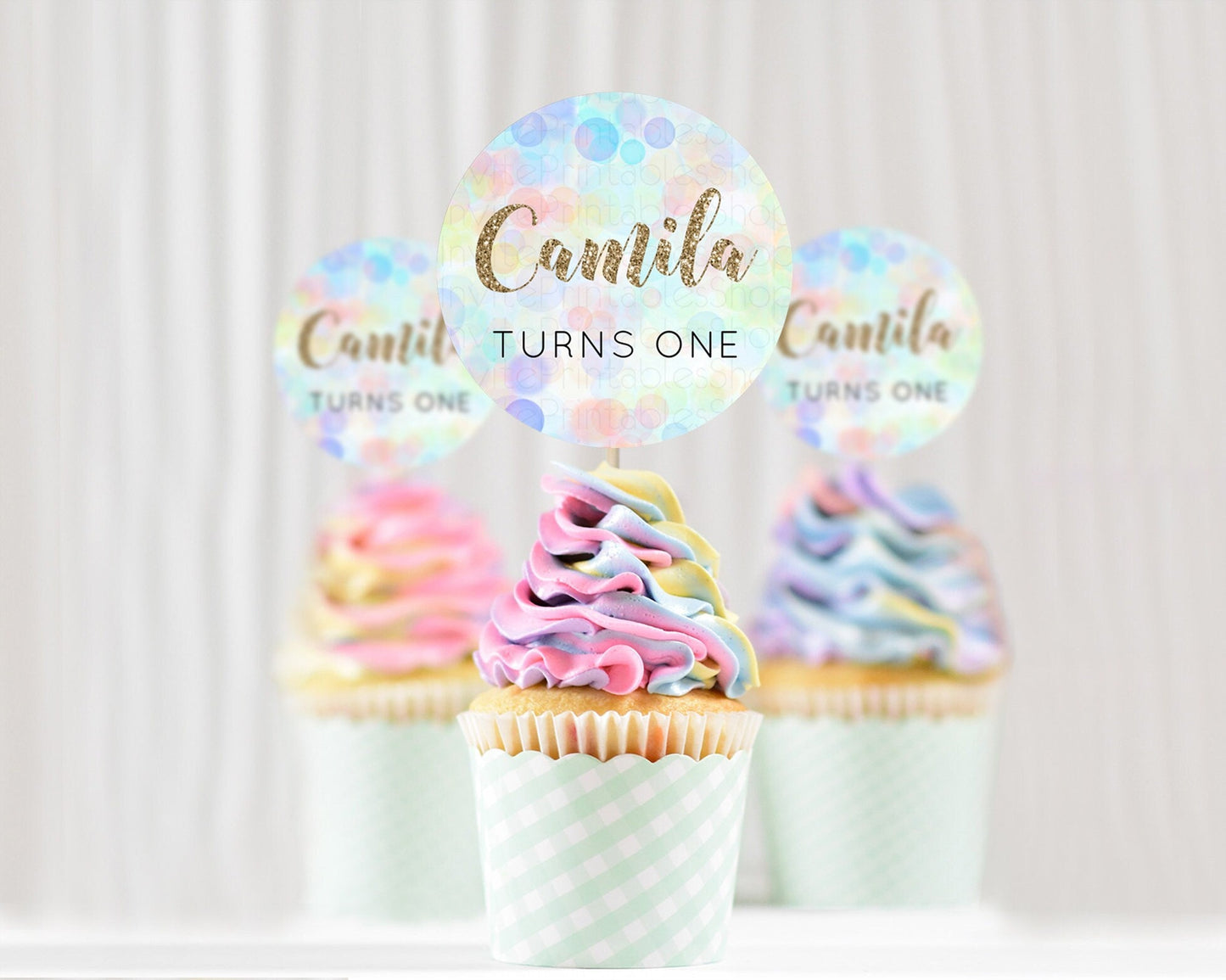 Pastel Cupcake Toppers Pastel Confetti Cupcake Topper Bubbles Sprinkles Colorful Rainbow Confetti Cupcake First Birthday Party Decor D10447
