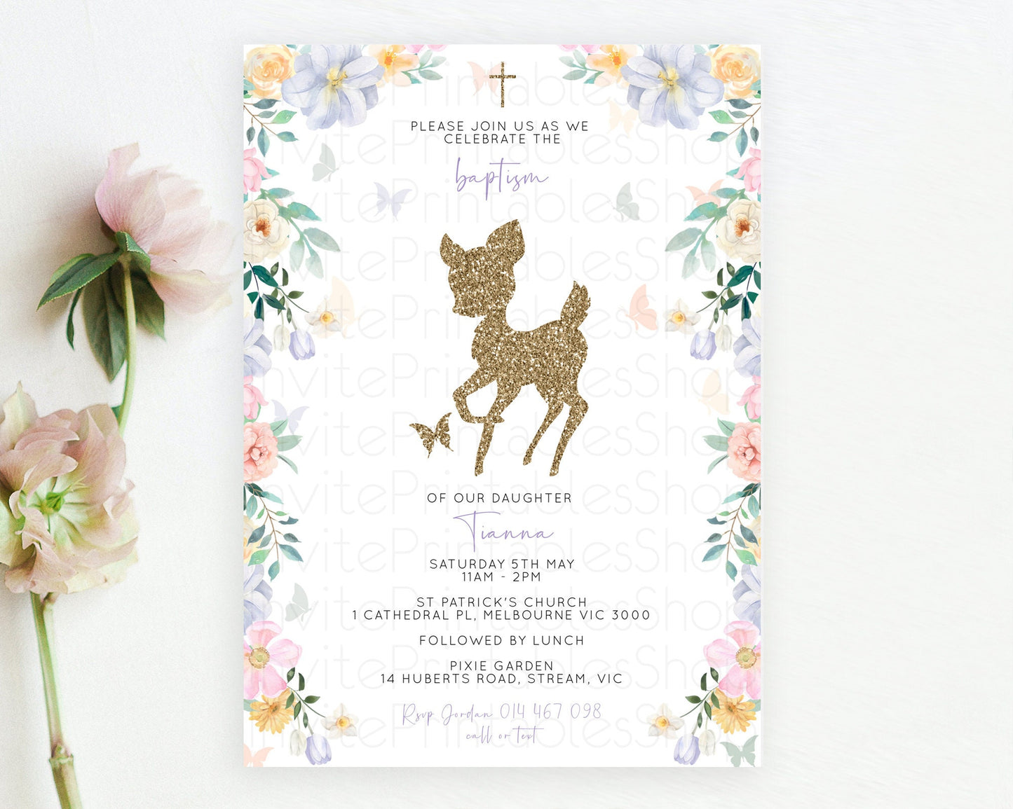 Fawn Baptism Invitation Deer Baptism 1st Birthday Invitation Enchanted Forest Christening Invitation Pastel Garden Butterfly Floral D10477