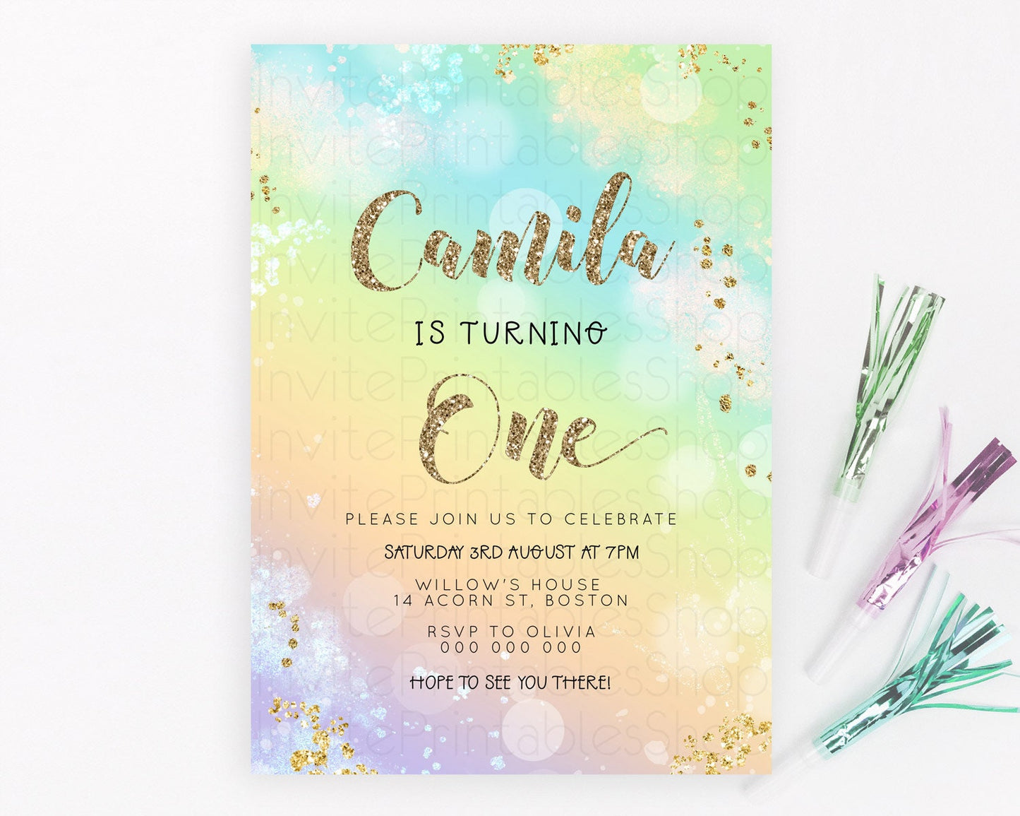 Rainbow Birthday Invitation Colorful Pastel Watercolor Invitation Gold Glitter Sprinkles Ombre Pastel 1st 2nd 3rd Birthday D23119