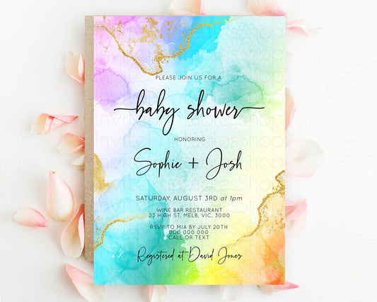 Pastel Baby Shower Invitation Rainbow Baby Shower Invitation Colorful Pastel Watercolor Invitation Gold Glitter Sprinkles Ombre D10390