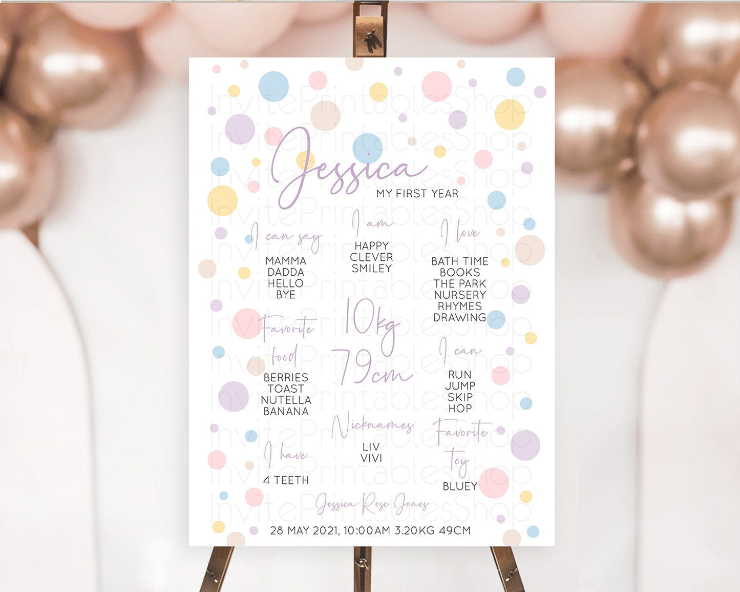 Pastel First Birthday Milestone Poster Pastel Rainbow Confetti First Birthday Milestone Board Colorful Bubbles Birthday Welcome Sign D10759