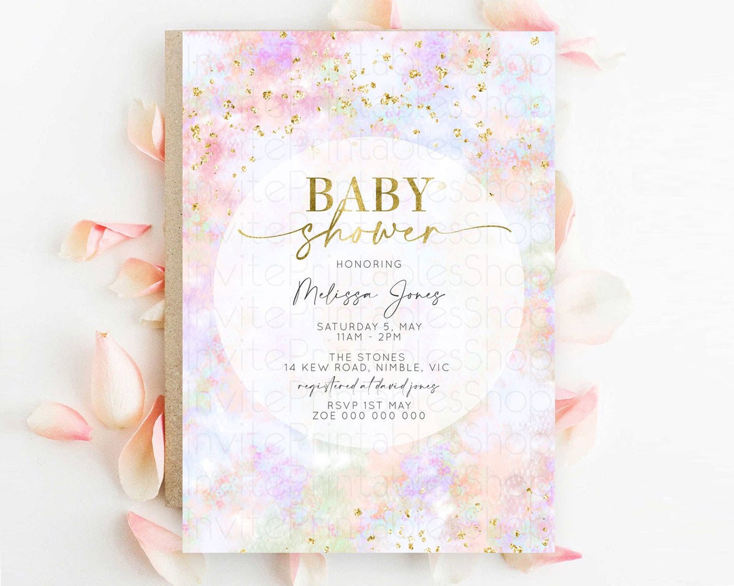 Pastel Baby Shower Invitation Rainbow Baby Shower Invitation Colorful Pastel Watercolor Invitation Gold Glitter Sprinkles Ombre D10649