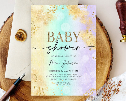 Pastel Baby Shower Invitation Rainbow Baby Shower Invitation Colorful Pastel Watercolor Invitation Gold Glitter Sprinkles Ombre D10672