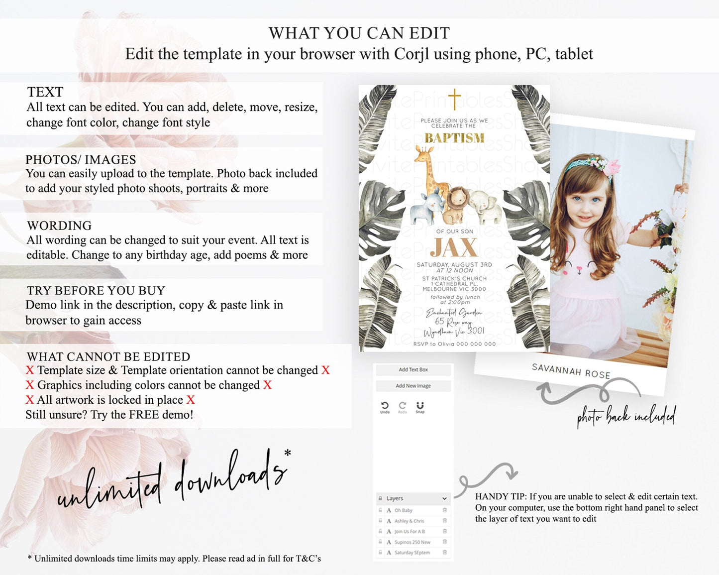 Safari Baptism Invitation Safari Adventure Baptism Birthday Invitation Lion Gorilla Elephant Rhino Tropical Palm Jungle Adventure D10599