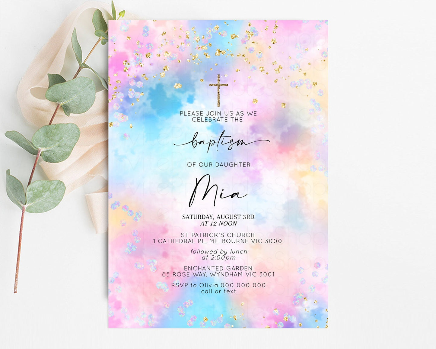 Pastel Rainbow Baptism Invitation Pastel Clouds Christening Invitation Luminous Iridescent Invite Glitter Confetti Sprinkle Gold Cross 589v4