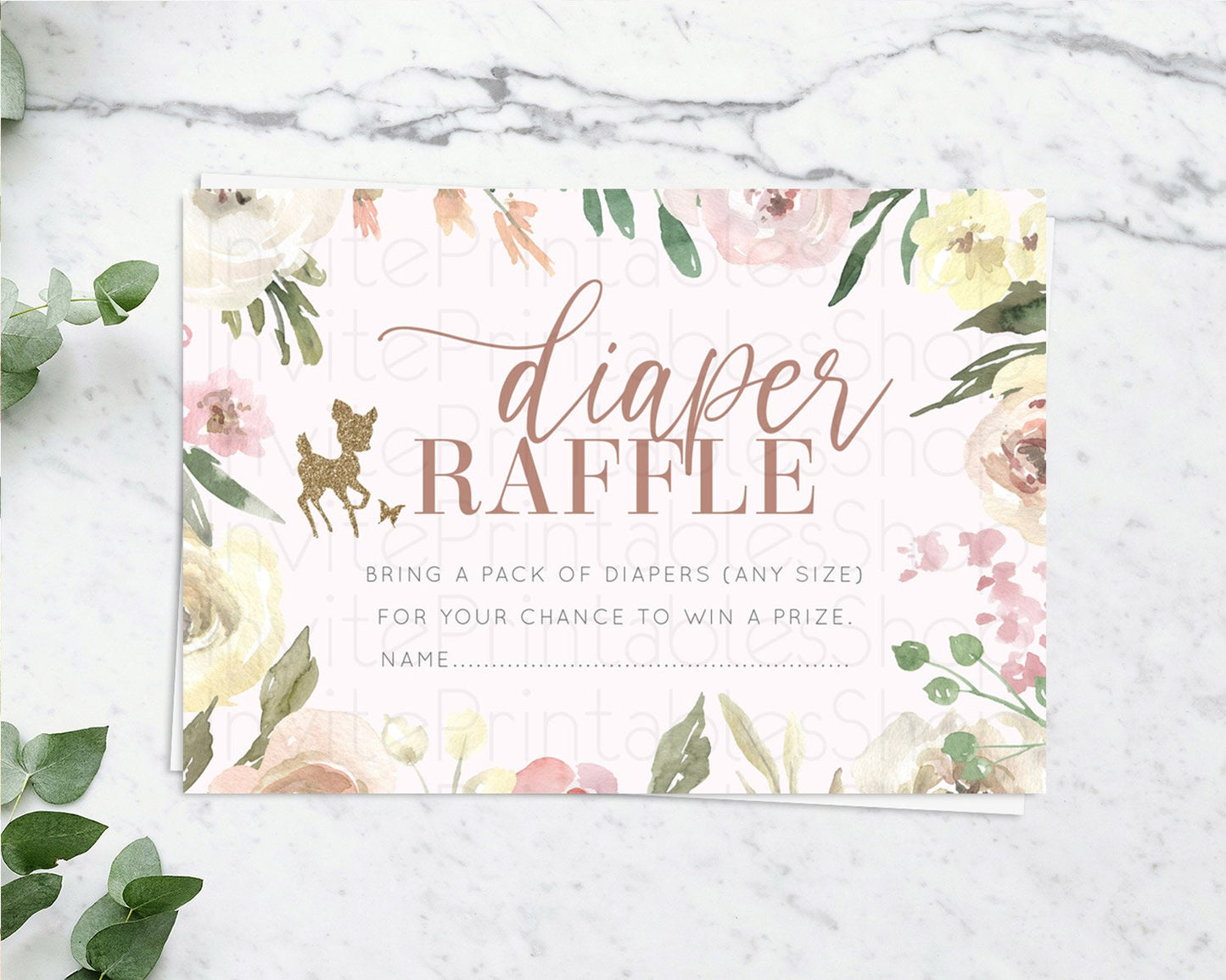 Fawn Diaper Raffle Card Deer Diaper Insert Floral Deer Diaper Ticket Enchanted Forest Butterfly Pastel Baby Shower Raffle Game D10193