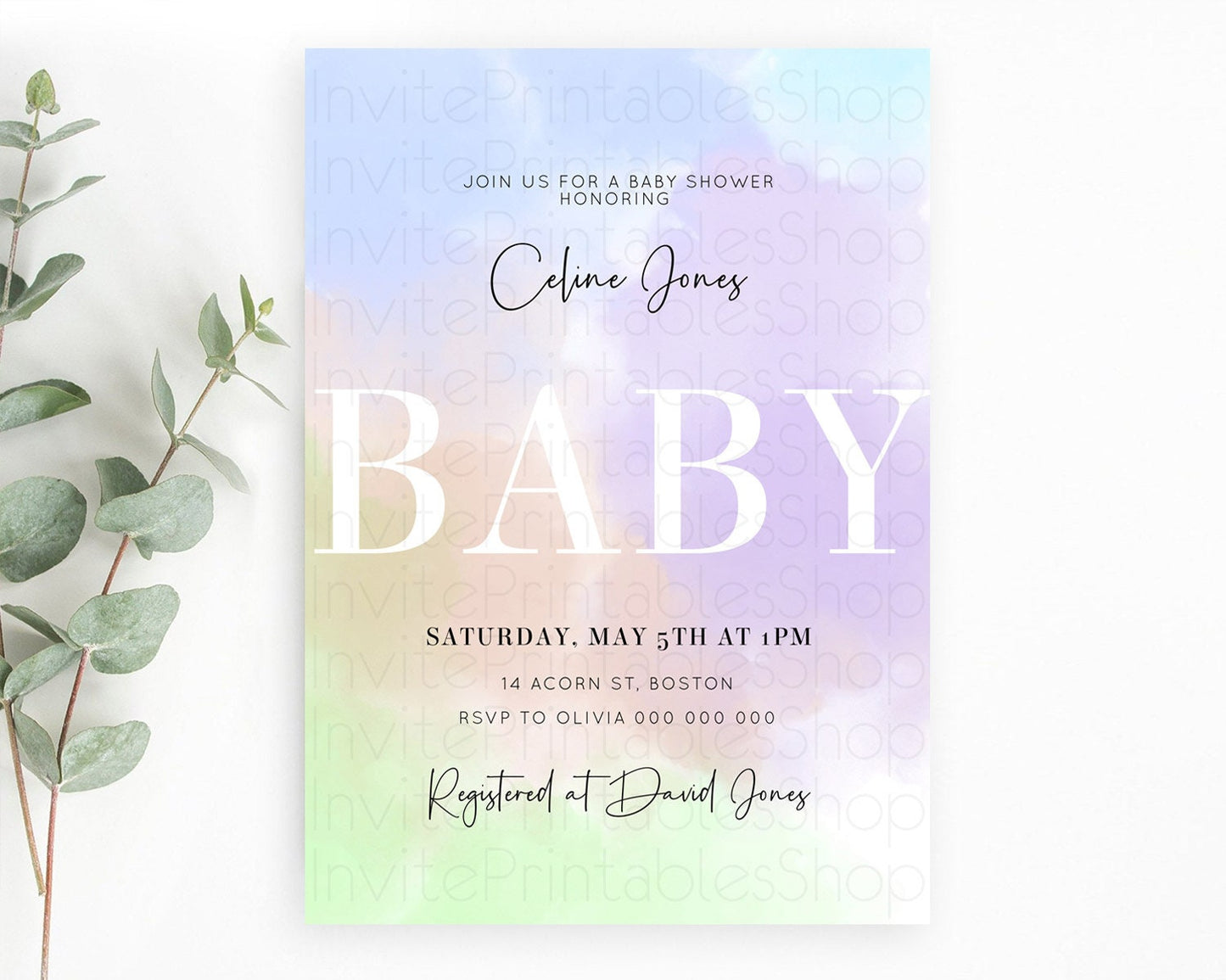 Pastel Baby Shower Invitation Rainbow Baby Shower Invitation Colorful Pastel Watercolor Invitation Gold Glitter Sprinkles Ombre D10371