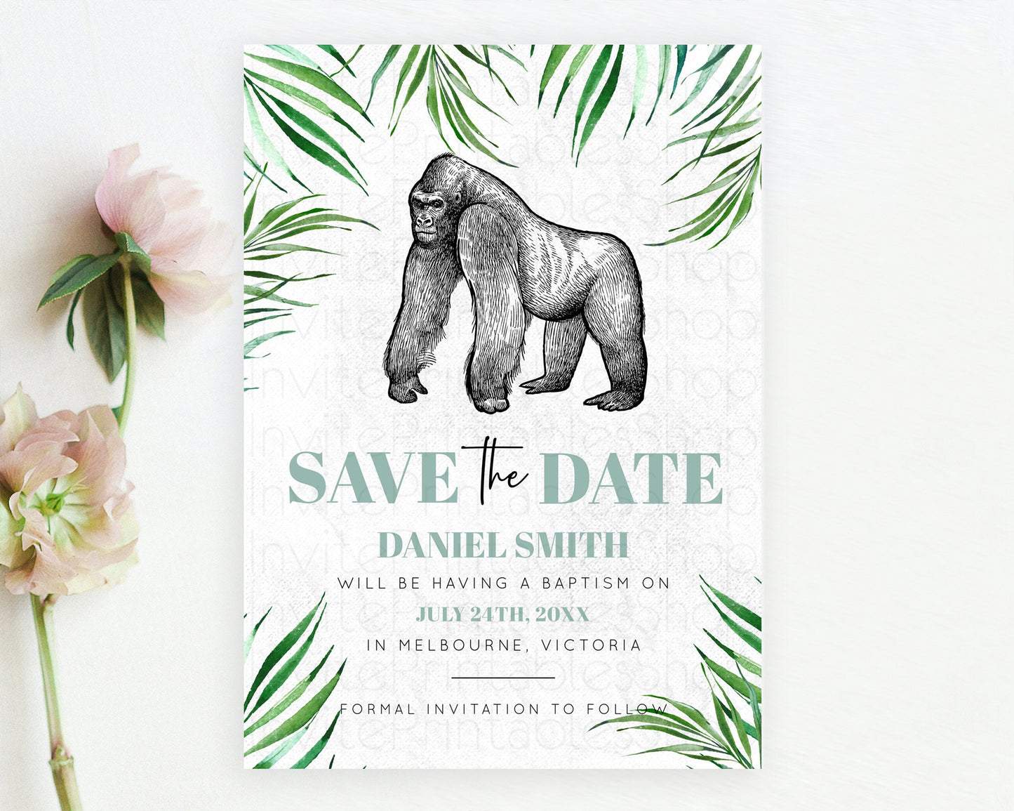 Gorilla Save The Date Template Gorilla Party Save The Date Safari Adventure Gorilla Minimal Theme 1st Birthday Baptism Baby Shower D10846