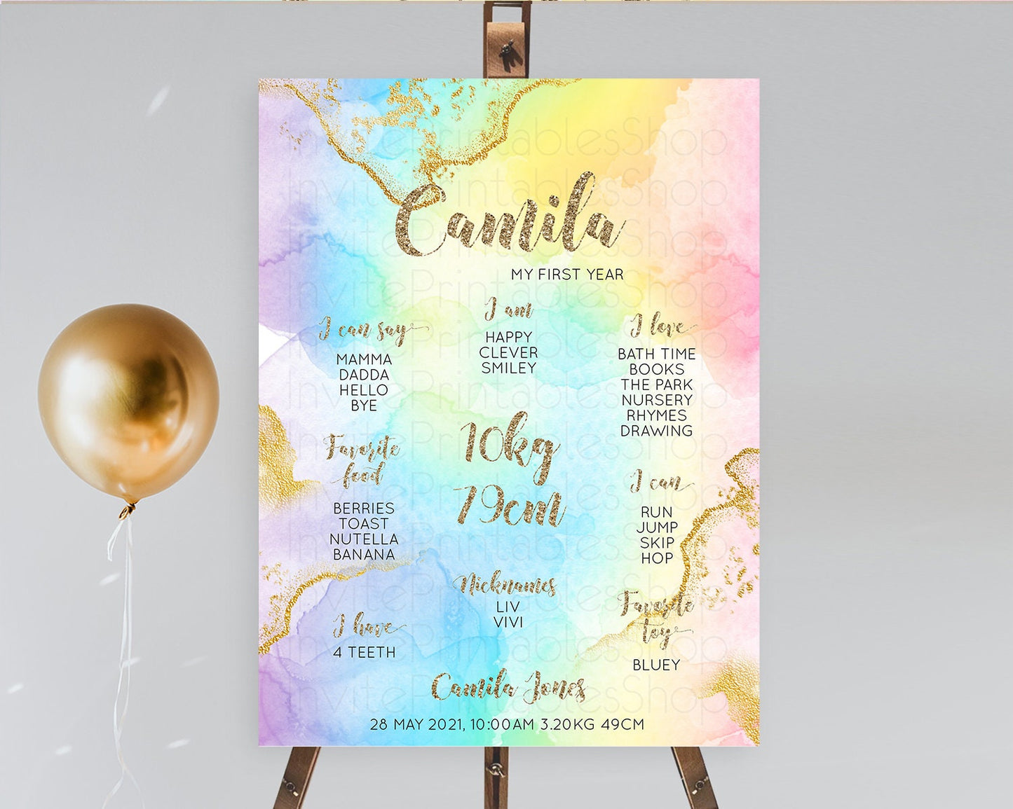 Pastel First Birthday Milestone Board Pastel Rainbow Milestone Poster Colorful Confetti Watercolor Glitter 1st Birthday Welcome Sign D10589