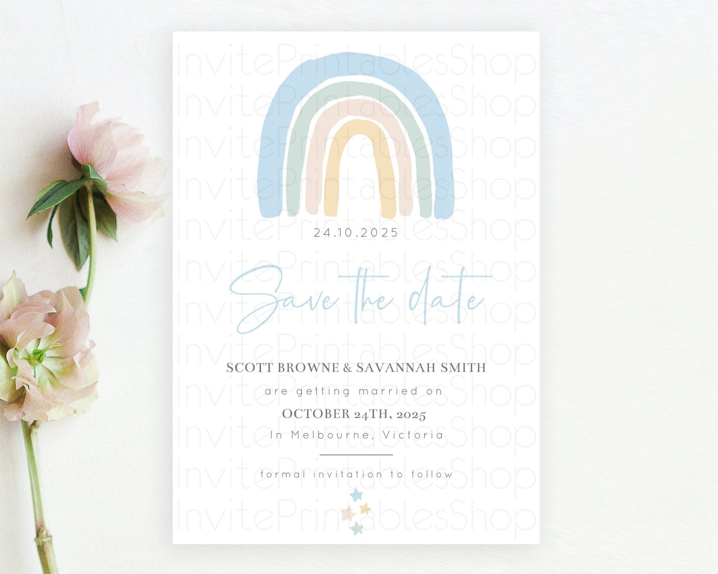 Pastel Rainbow Save The Date Template Boho Colorful Rainbow Party Rainbow Baby Theme For 1st Birthday Baptism Baby Shower Wedding D10200