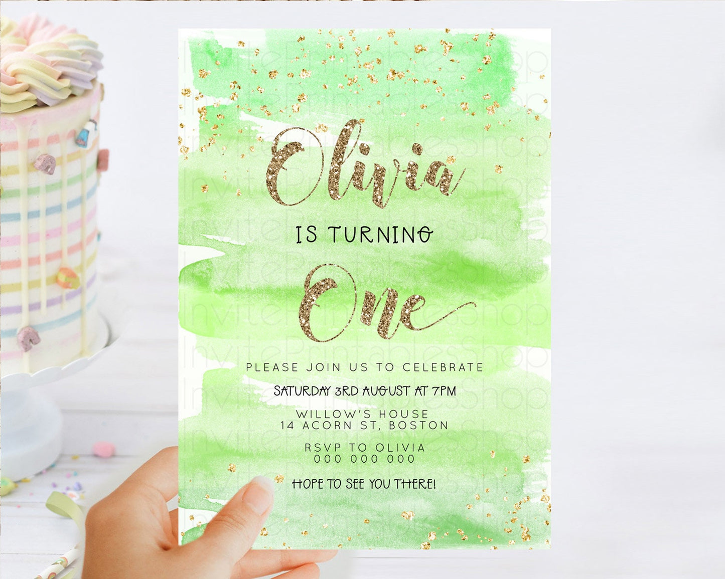 Green Birthday Invitation green Watercolor Invitation Pastel green Watercolor Invitation green Splash Gold Invitation First Birthday D23281