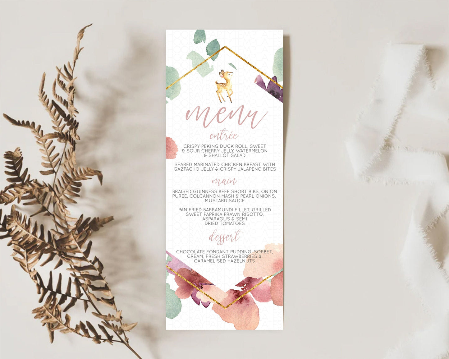 Fawn Menu Deer Menu Template Pastel Floral Deer Table Decor Enchanted Forest Butterfly Floral Dinner Dessert Menu Party Food Menu D10915