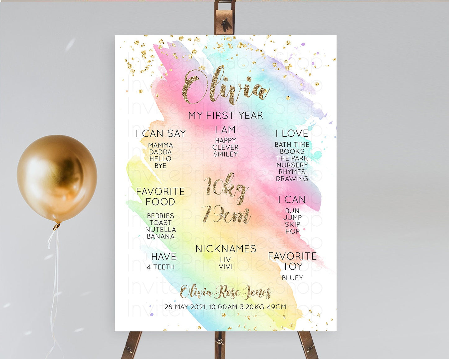 Pastel First Birthday Milestone Board Pastel Rainbow Milestone Poster Colorful Confetti Watercolor Glitter 1st Birthday Welcome Sign D10495