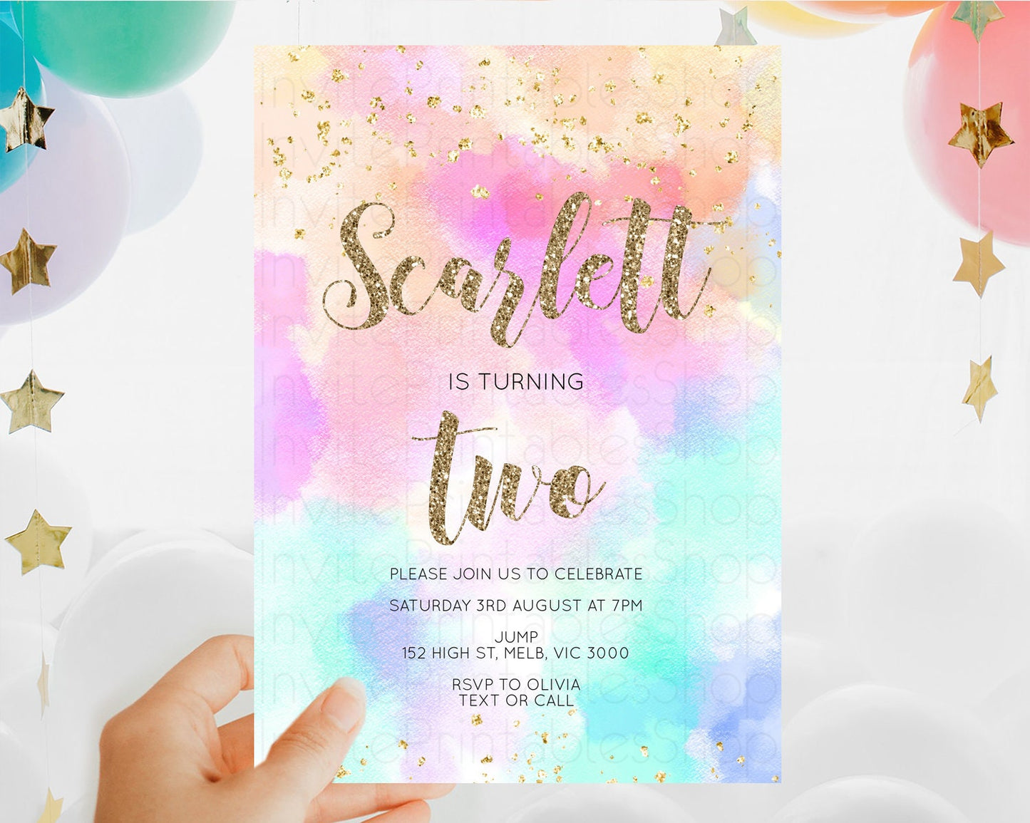 Rainbow Birthday Invitation Colorful Pastel Watercolor Invitation Gold Glitter Sprinkles Ombre Pastel 1st 2nd 3rd Birthday D10669