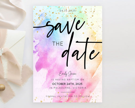 Pastel Save The Date Template Pastel Ombre Rainbow Watercolor Colorful Party For Birthday Baptism Baby Shower Wedding Bridal Shower D10449