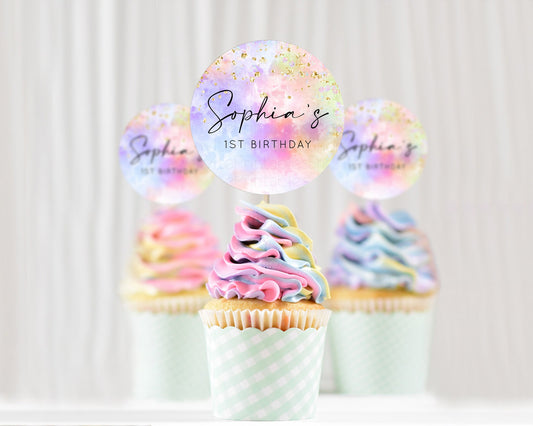 Editable Rainbow Cupcake Toppers Pastel Cupcake Toppers Colorful Pastel Wate