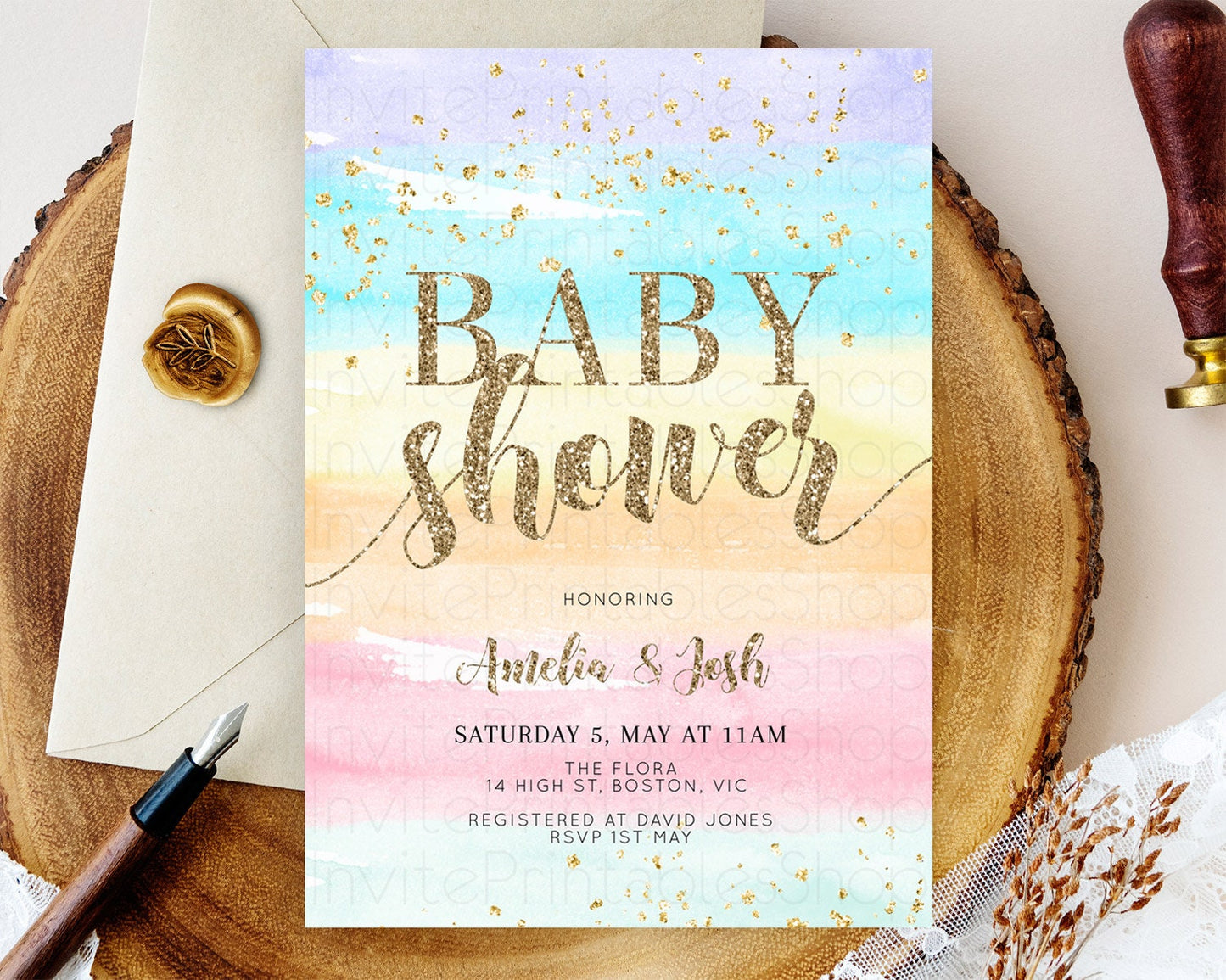 Pastel Baby Shower Invitation Rainbow Baby Shower Invitation Colorful Pastel Watercolor Invitation Gold Glitter Sprinkles Ombre D10508