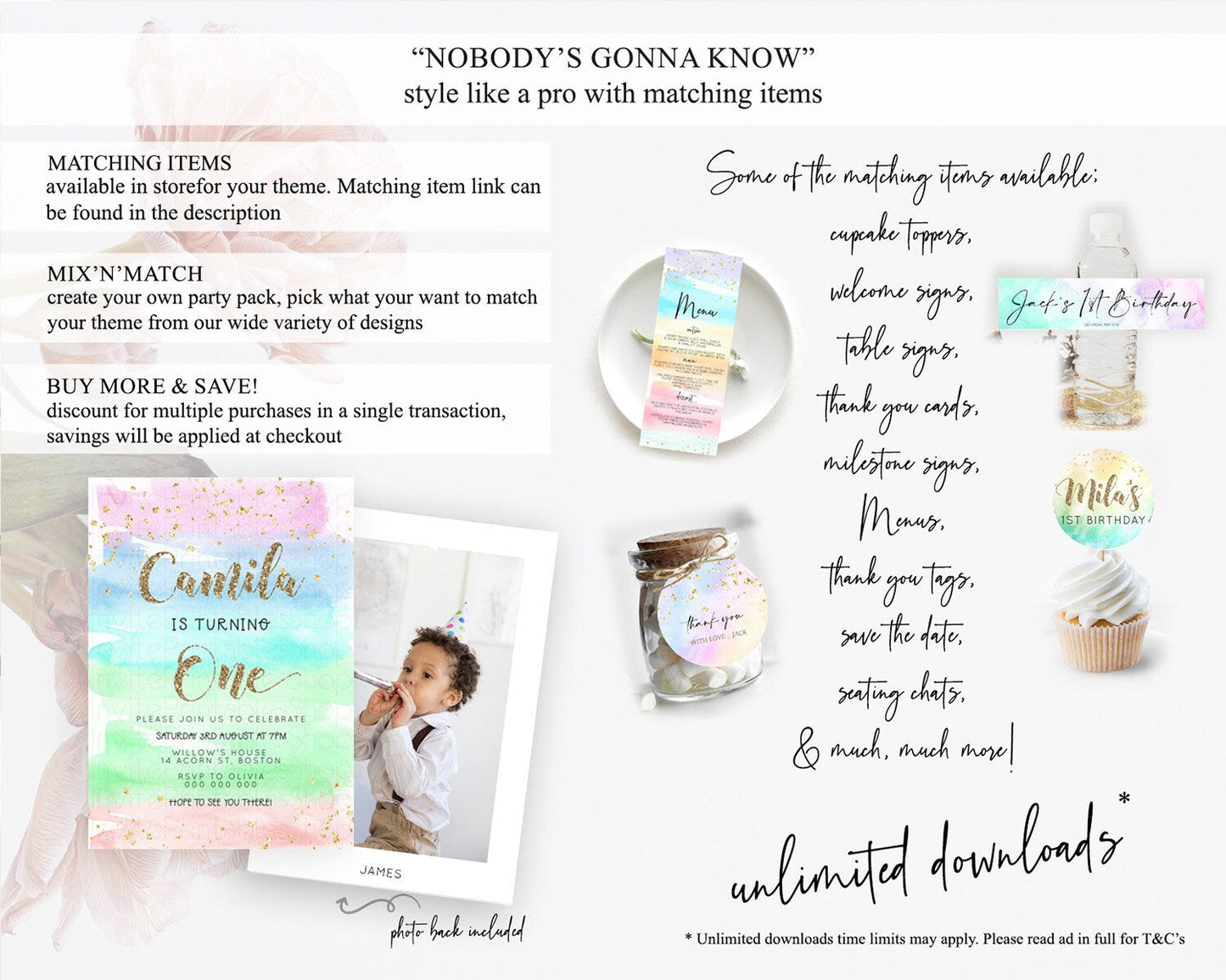 Rainbow Birthday Invitation Colorful Pastel Watercolor Invitation Gold Glitter Sprinkles Ombre Pastel 1st 2nd 3rd Birthday D23273