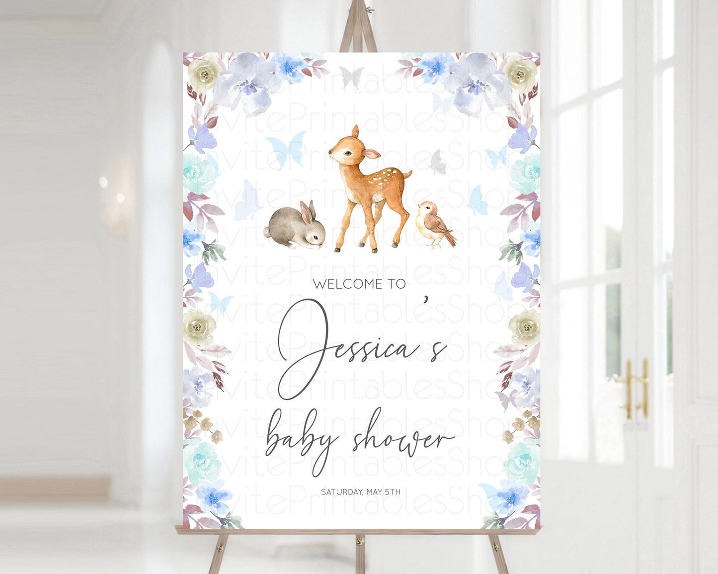 Fawn Baby Shower Welcome Sign Deer Welcome Board Floral Deer Welcome Poster Enchanted Forest Butterfly Pastel Floral Welcome Sign D10929