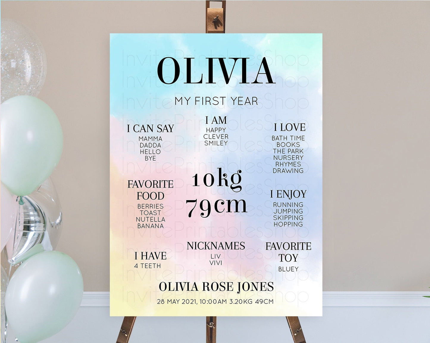 Pastel First Birthday Milestone Board Pastel Rainbow Milestone Poster Colorful Confetti Watercolor Glitter 1st Birthday Welcome Sign D10373