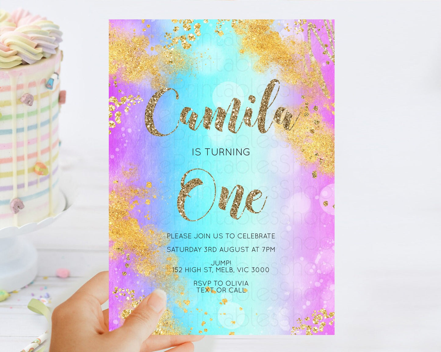 Rainbow Birthday Invitation Colorful Pastel Watercolor Invitation Gold Glitter Sprinkles Ombre Pastel 1st 2nd 3rd Birthday D10564