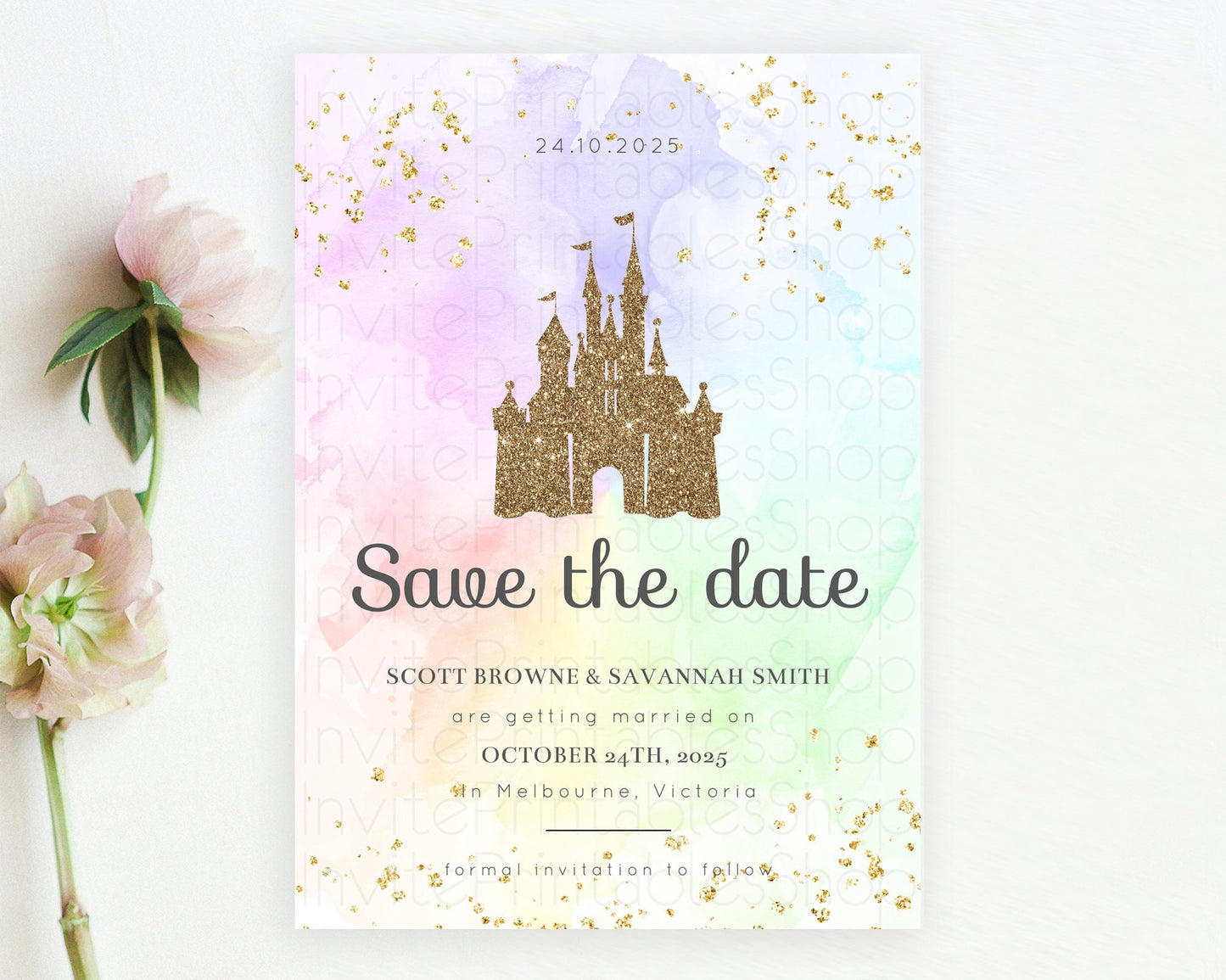 Editable Princess Save The Date Pastel Watercolor Ombre Princess Party Rainb