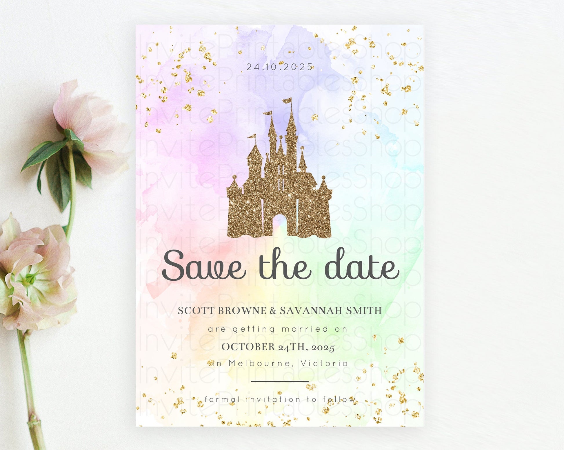 Editable Princess Save The Date Pastel Watercolor Ombre Princess Party Rainb