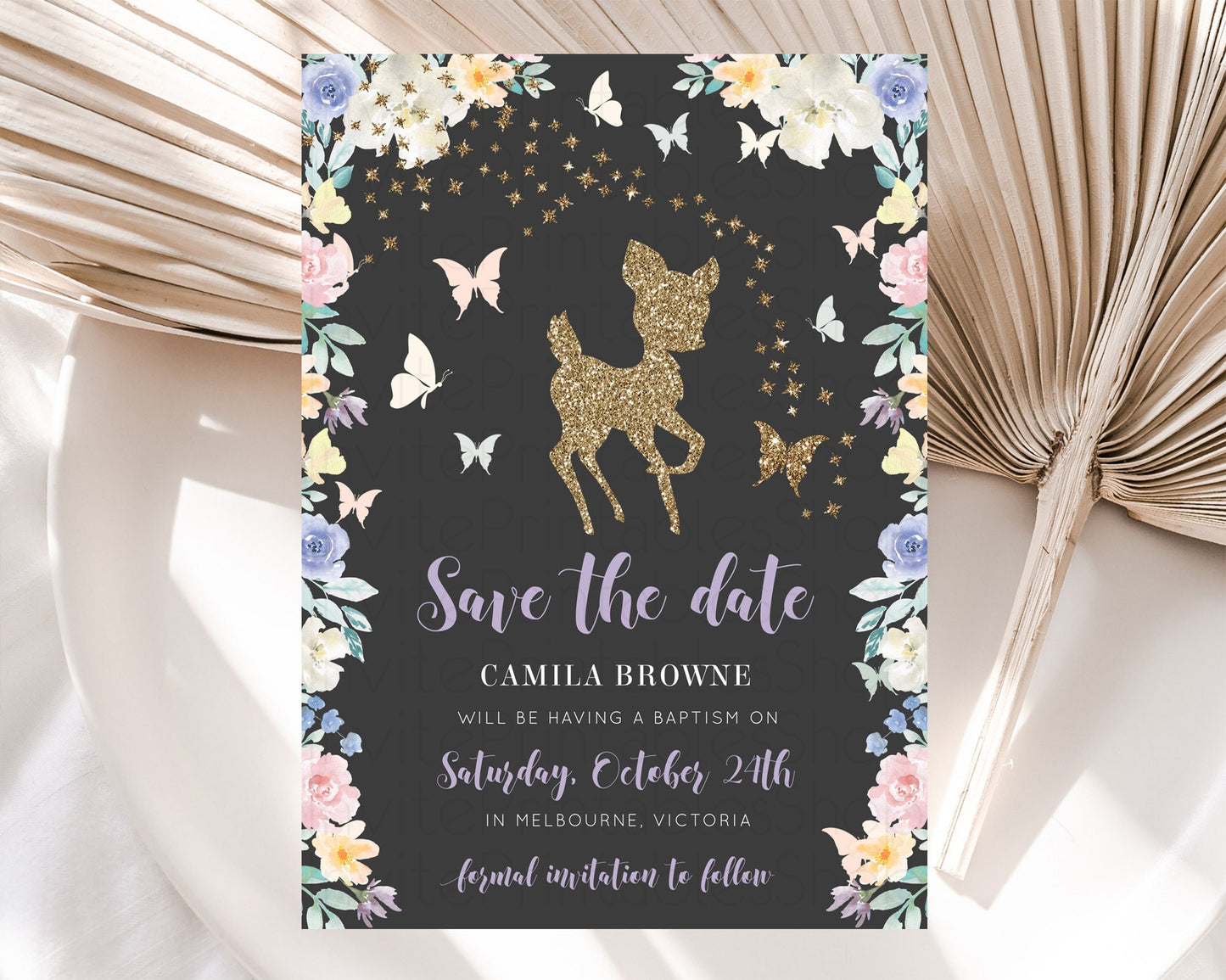 Fawn Deer Save The Date Template Pastel Floral Deer Enchanted Forest Butterfly Party 1st Birthday Baptism Baby Shower Bridal Shower D10880