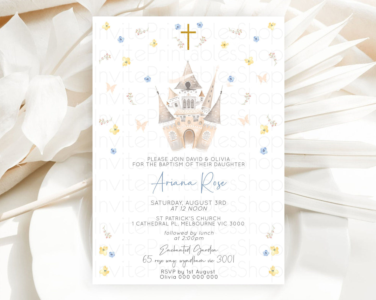 Princess Baptism Invitation Enchanted Castle Baptism 1st Birthday Invitation Royal Party Pastel Floral Secret Garden Christening D10365