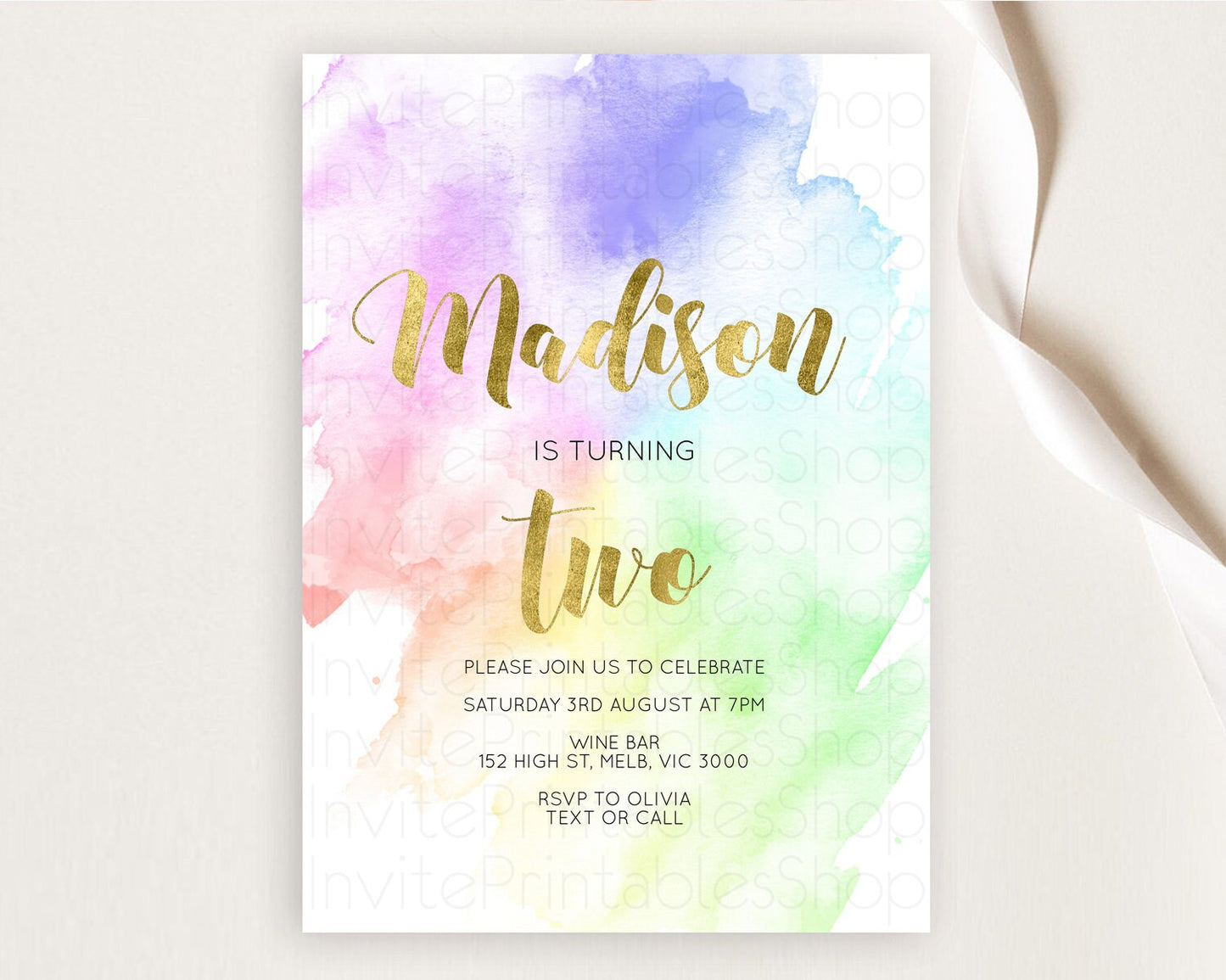 Rainbow Birthday Invitation Colorful Pastel Watercolor Invitation Gold Glitter Sprinkles Ombre Pastel 1st 2nd 3rd Birthday D10876