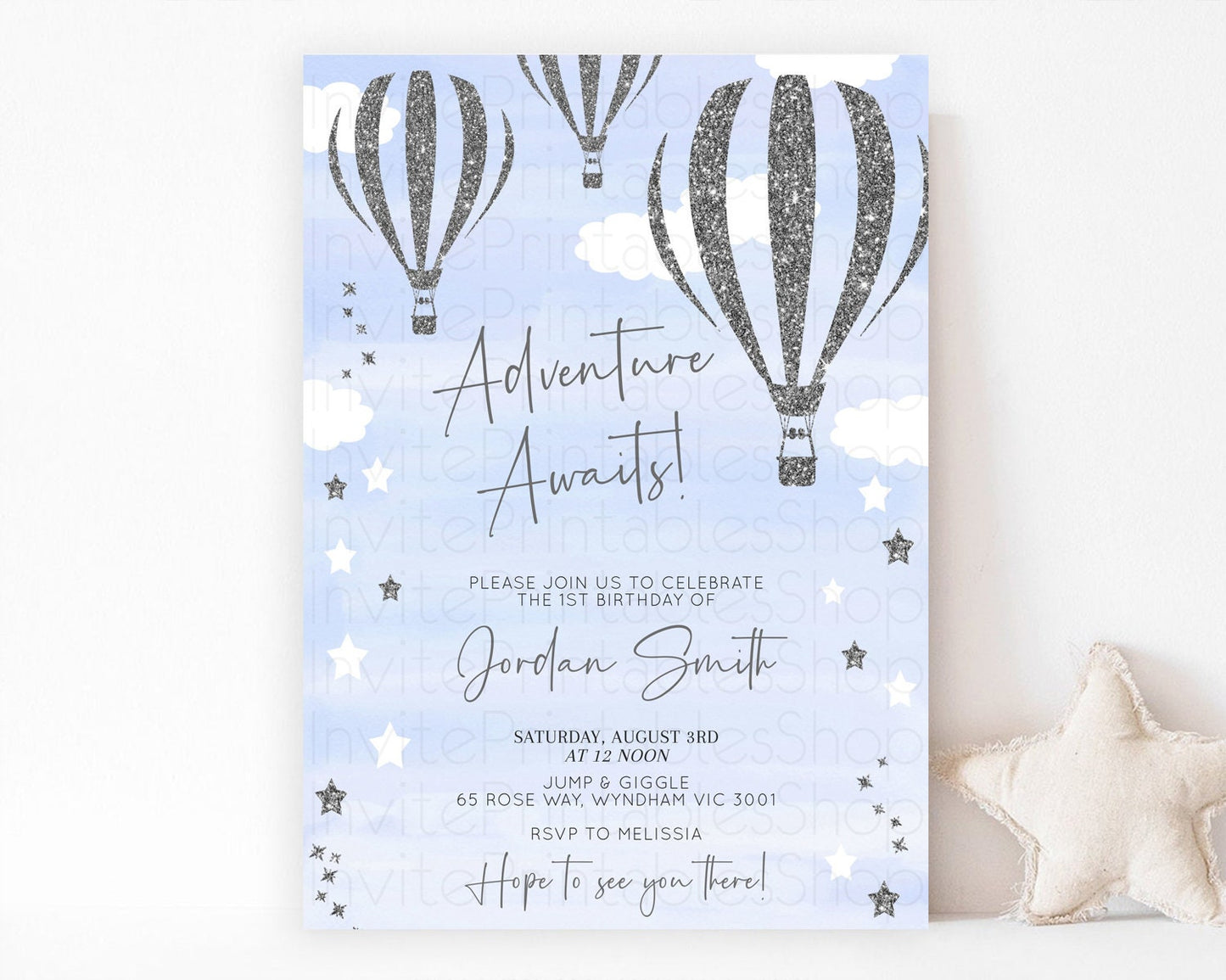 Hot Air Balloon Birthday Invitation Hot Air Balloon Invites Adventure Awaits Up Up & Away Glitter Blue Watercolor 1st Birthday Boy D10334