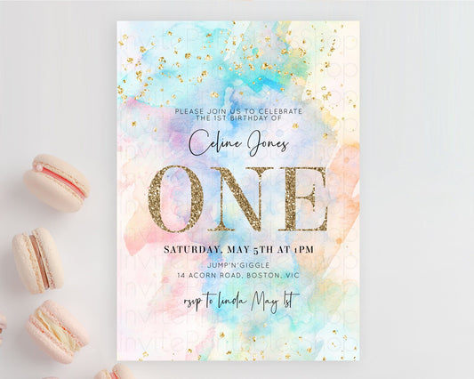 Rainbow Birthday Invitation Colorful Pastel Watercolor Invitation Gold Glitter Sprinkles Ombre Pastel 1st 2nd 3rd Birthday D10266