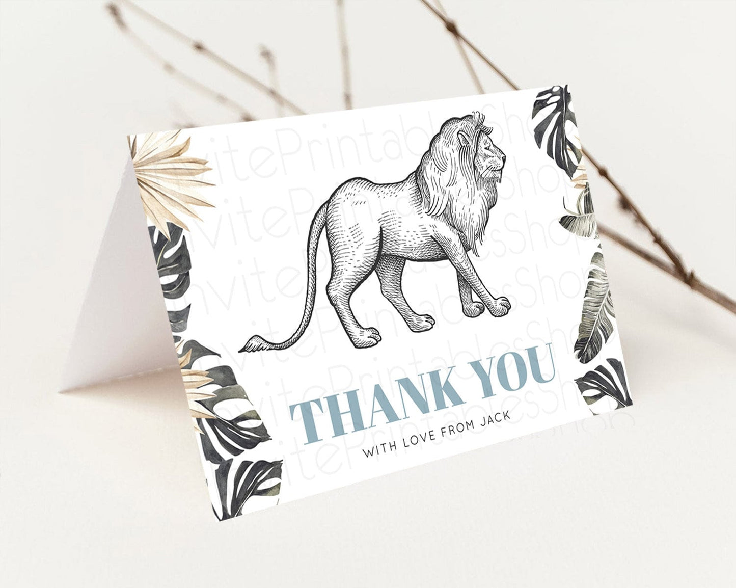 Lion Thank You Lion Thank You Card Lion Party Birthday Thank You Card Safari Lion Cards Dried Palm Fern Lion Teacher Thank You Cards D10807