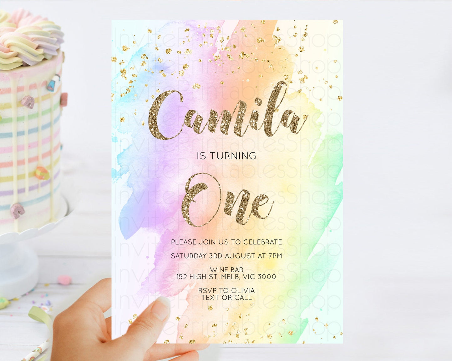 Rainbow Birthday Invitation Colorful Pastel Watercolor Invitation Gold Glitter Sprinkles Ombre Pastel 1st 2nd 3rd Birthday D10643