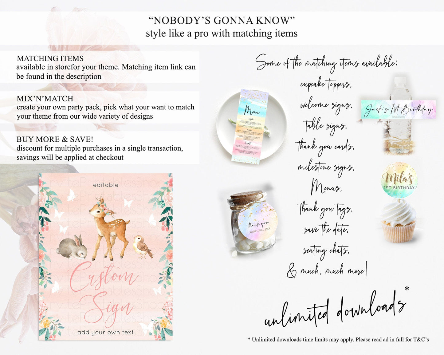 Fawn Deer Sign Pastel Floral Deer Table Sign Decor Enchanted Forest Butterfly Party 1st Birthday Baptism Baby Shower Bridal Shower D10921