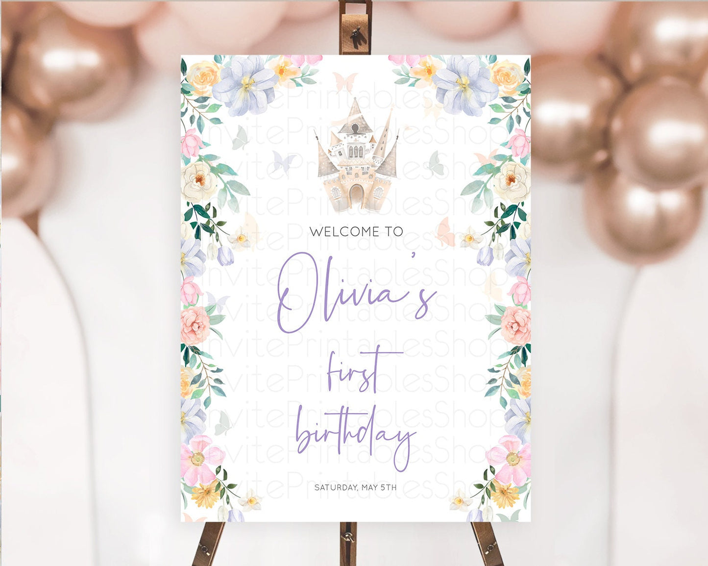 Princess Birthday Welcome Sign Castle Welcome Board Secret Garden Enchanted Castle Pastel Floral Garden First Birthday Welcome Sign D10473