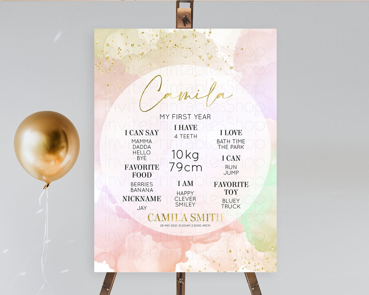 Pastel First Birthday Milestone Board Pastel Rainbow Milestone Poster Colorful Confetti Watercolor Glitter 1st Birthday Welcome Sign D10627