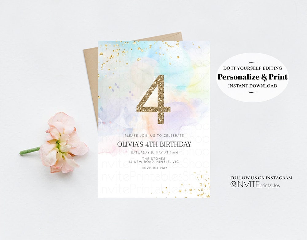 Watercolor Birthday Invitation Colorful Pastel Rainbow Splash Ombre Ink Paint Purple Blue Yellow Glitter Age Number Modern Custom 136