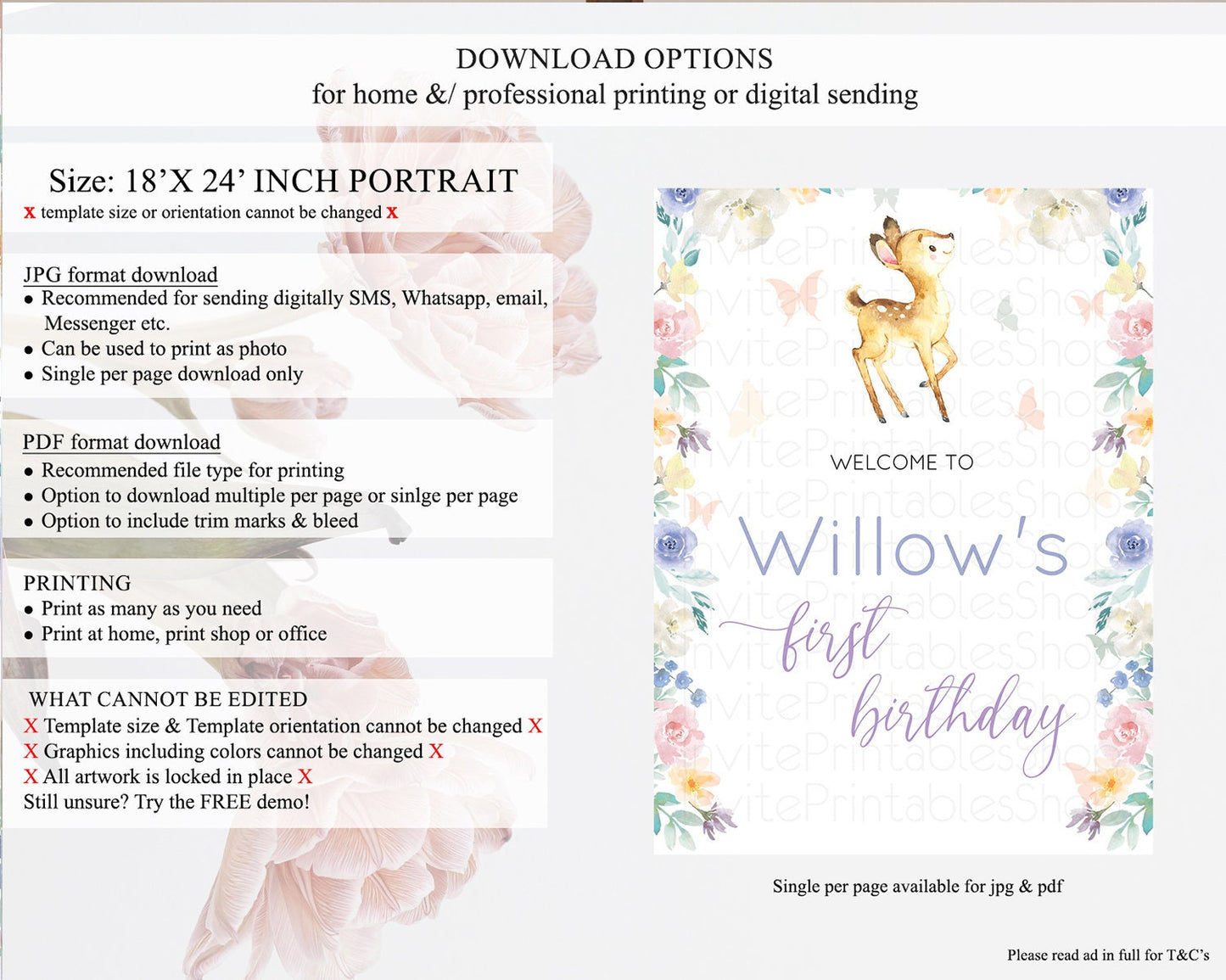 Fawn Welcome Sign Deer Welcome Board Floral Deer Welcome Poster Enchanted Forest Butterfly Pastel Floral First Birthday Welcome Sign D11001