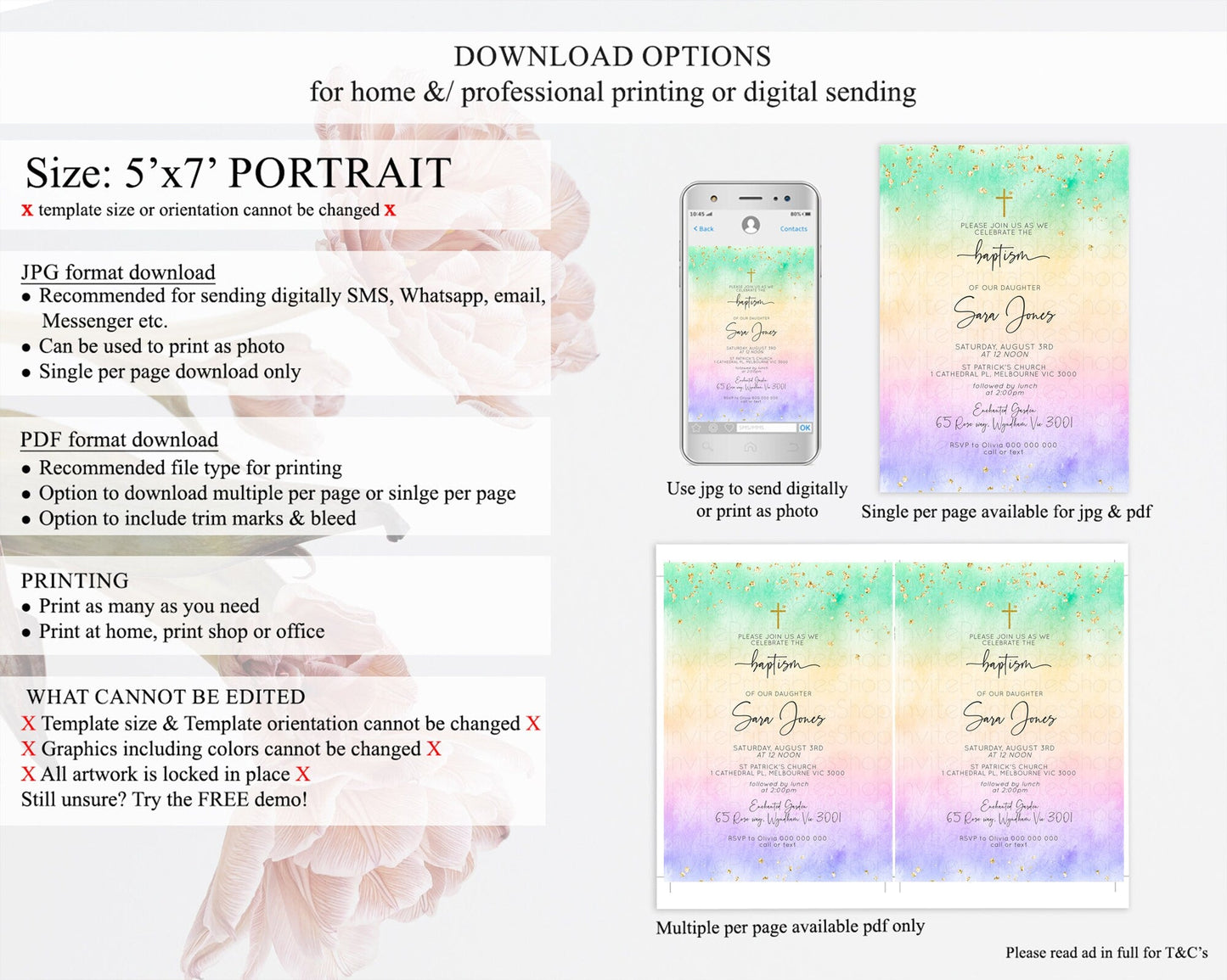 Pastel Baptism Invitation Pastel Colors Watercolor Baptism 1st Birthday Party Gold Ombre Pastel Rainbow Christening Holy Communion D10485