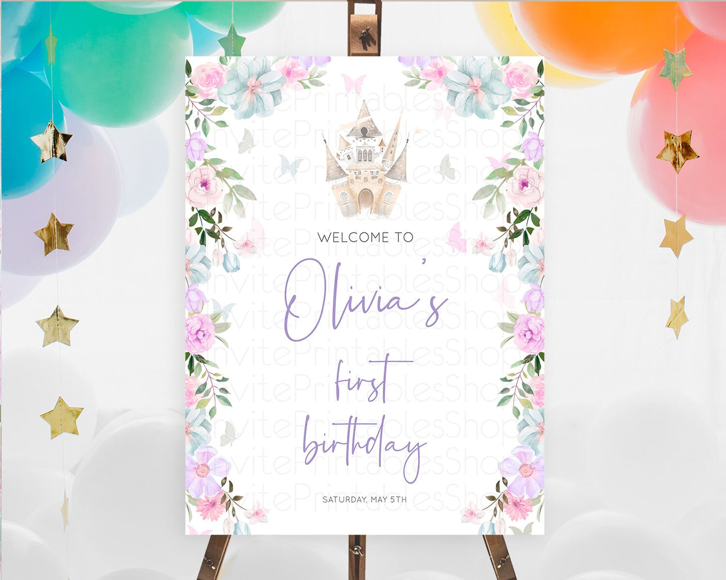 Princess Birthday Welcome Sign Castle Welcome Board Secret Garden Enchanted Castle Pastel Floral Garden First Birthday Welcome Sign D10471