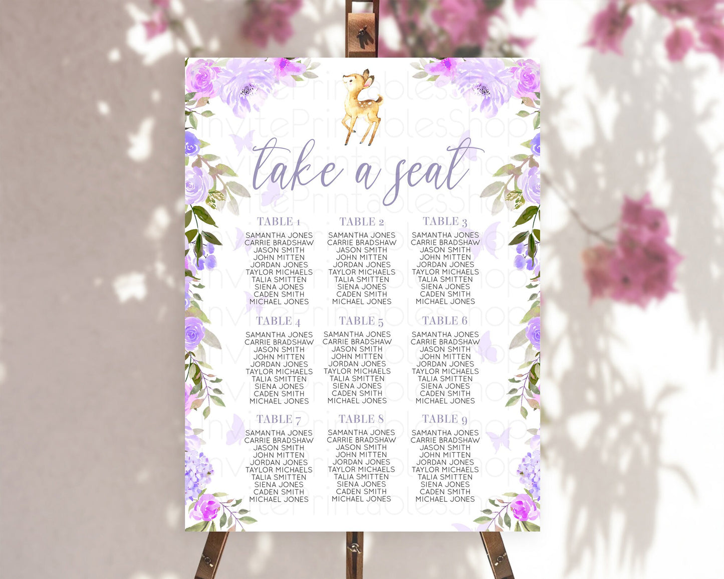 Fawn Seating Chart Deer Seating Chart Enchanted Forest Party Butterfly Pastel Flowers Whimsical Seating Chart Woodland Seating Sign D10916