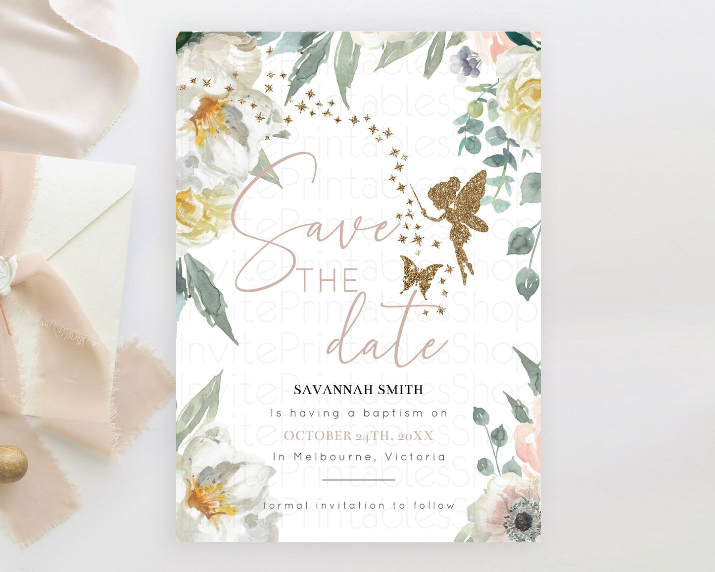 Fairy Save The Date Template Enchanted Garden Pastel Floral Butterfly Party Secret Garden Birthday Baptism Baby Shower Bridal Shower D10800