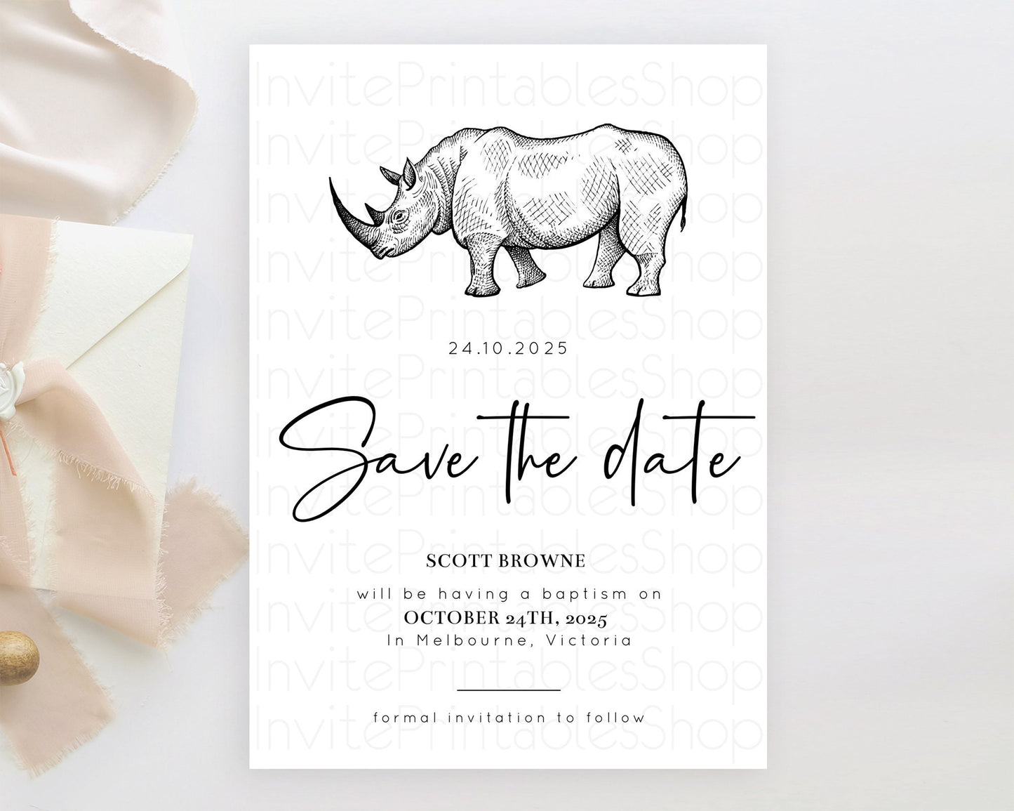 Rhino Save The Date Template Rhino Party Save The Date Safari Adventure Rhino Minimal Theme For 1st Birthday Baptism Baby Shower D10253